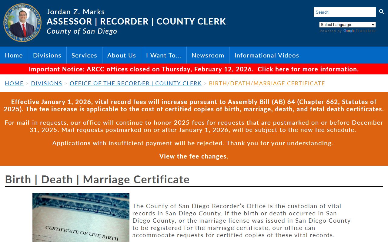 San Diego County vital records main page