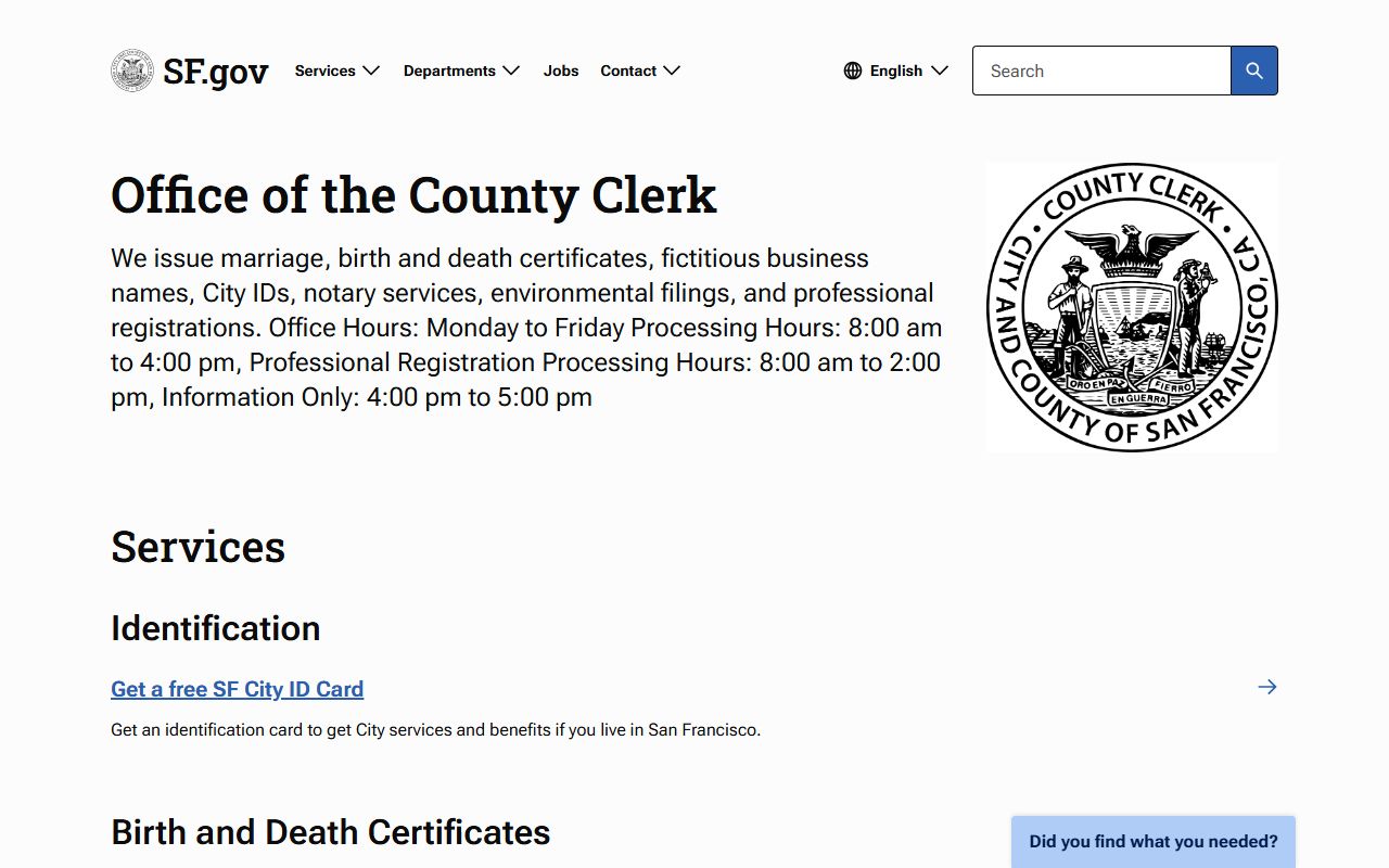 San Francisco County Clerk birth and death records webpage