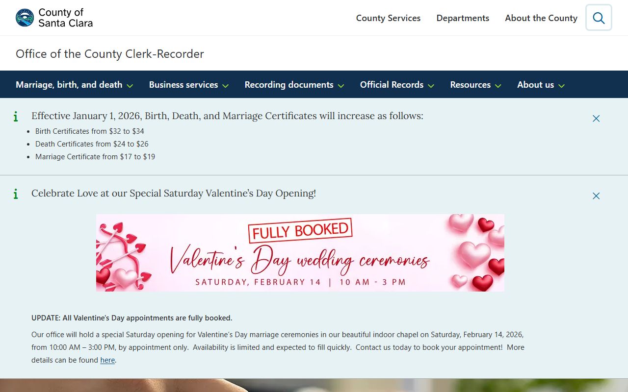 Santa Clara County Clerk-Recorder website for genealogy records