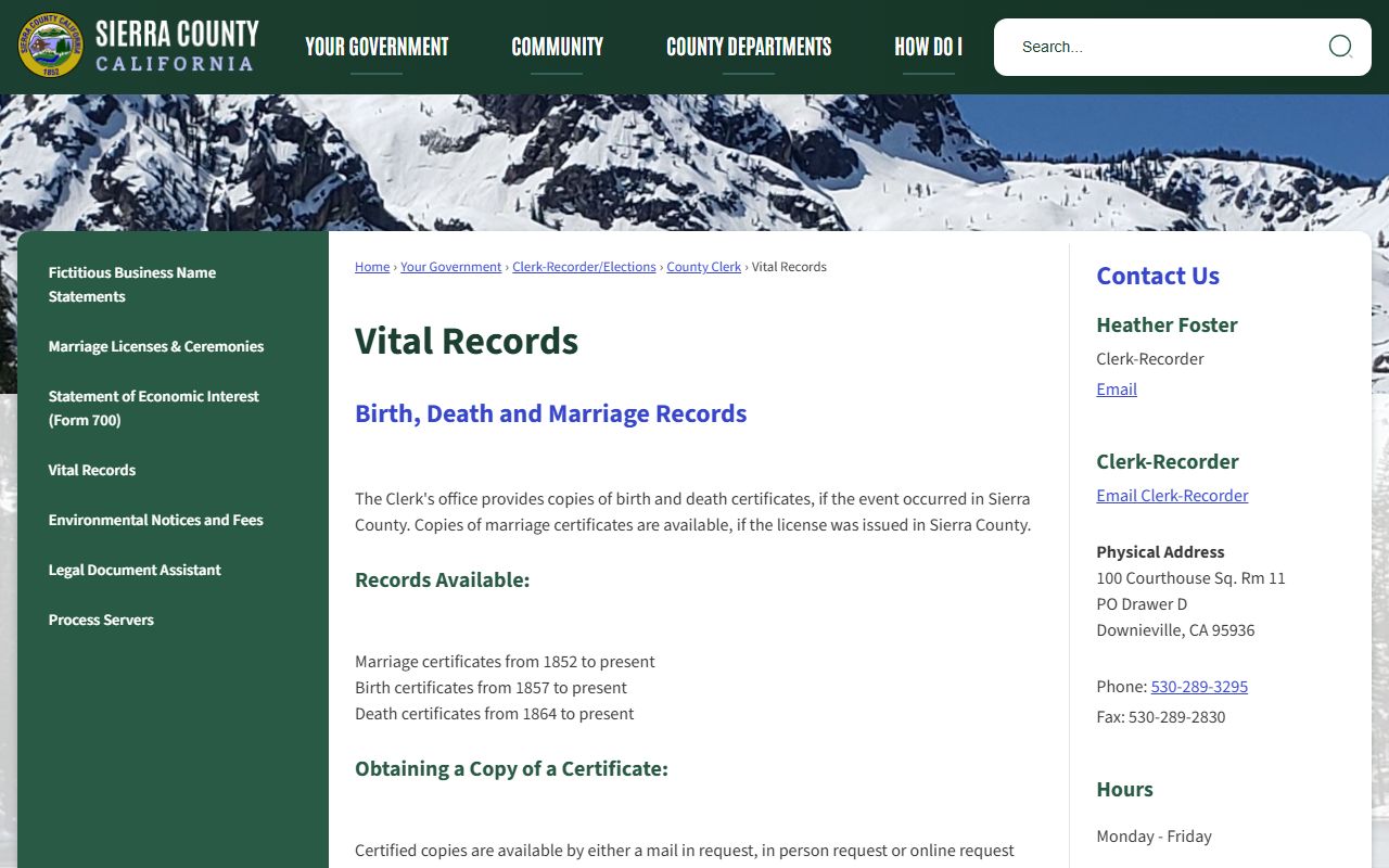 Sierra County vital records page for genealogy