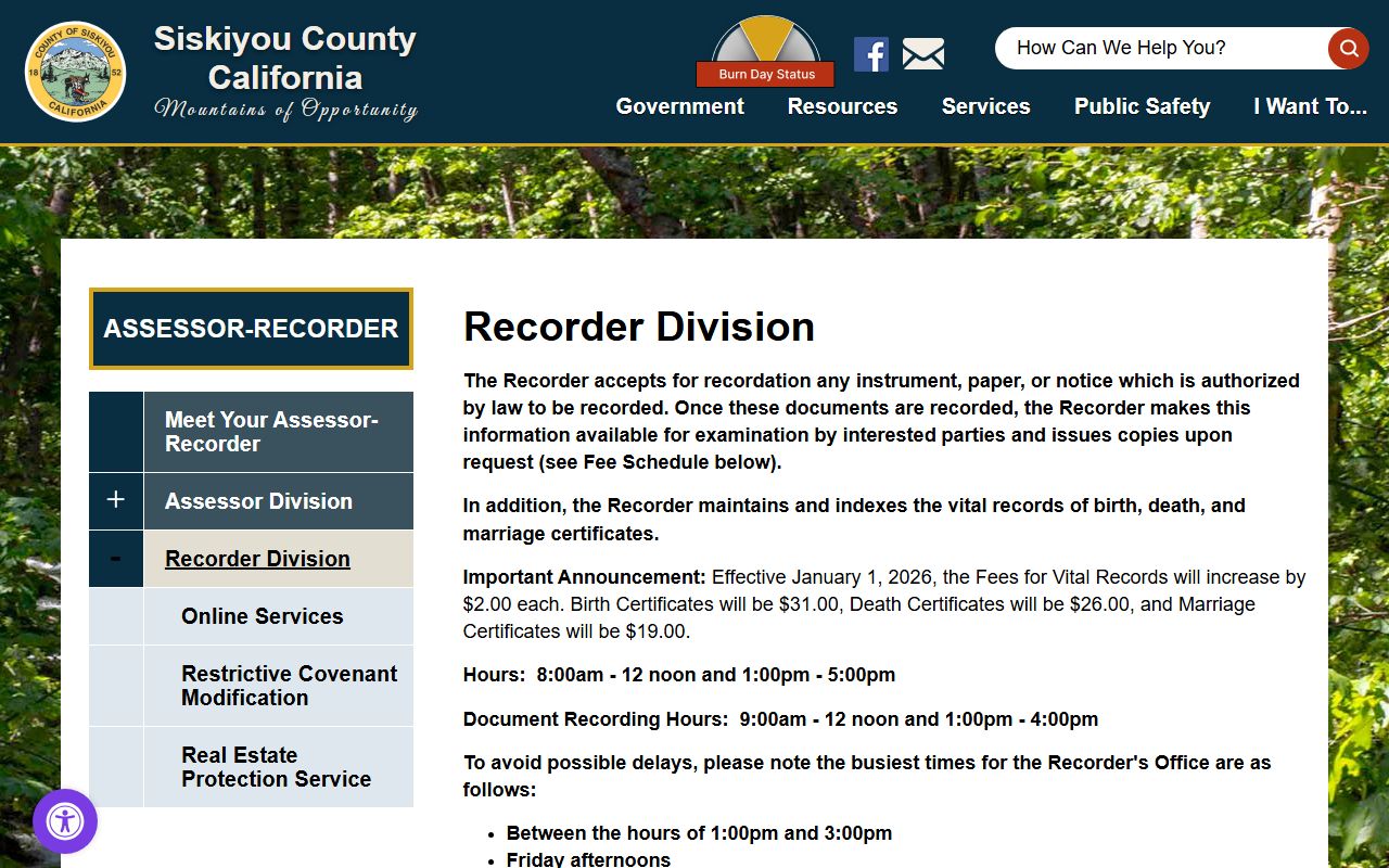 Siskiyou County Recorder division website for genealogy