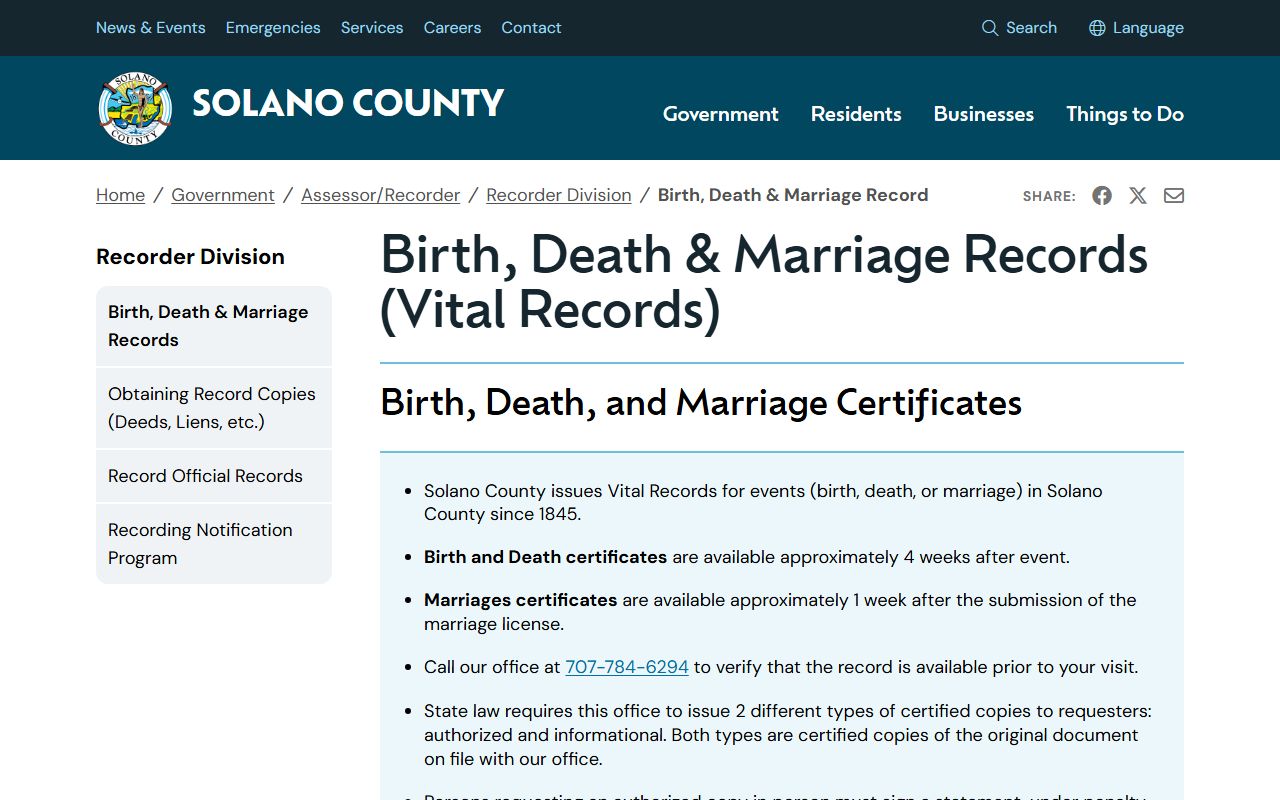Solano County vital records page for genealogy research
