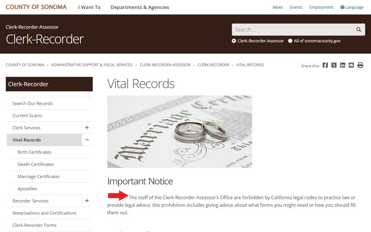 Sonoma County vital records page for genealogy