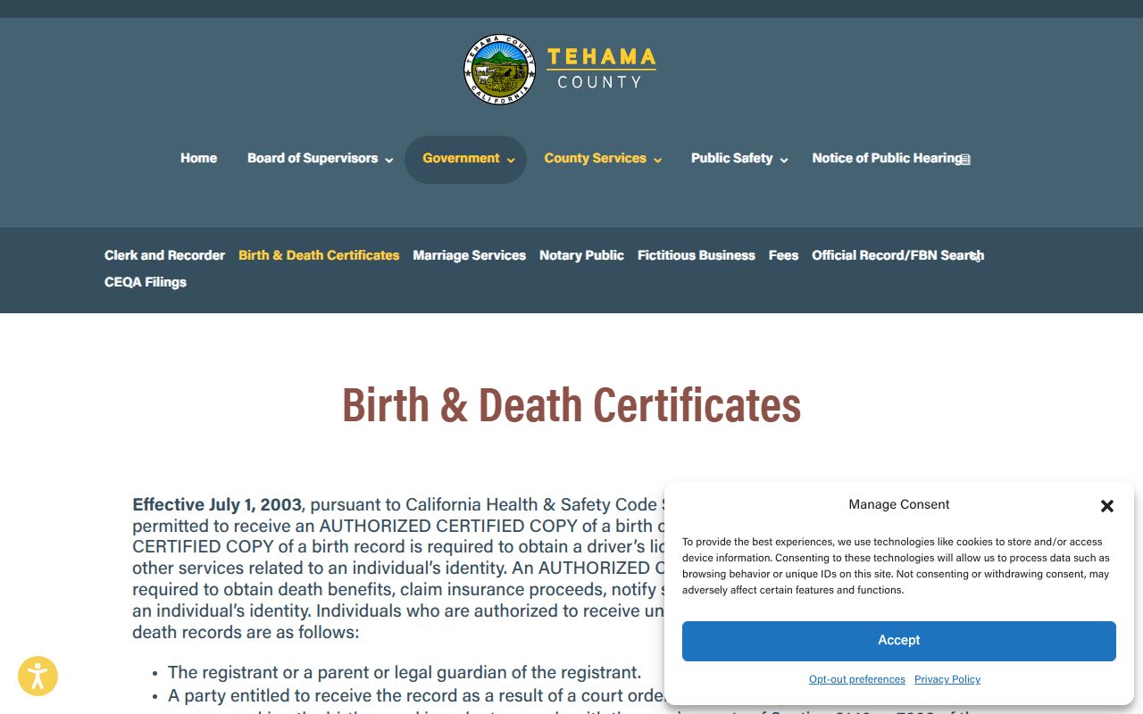 Tehama County birth and death certificates page