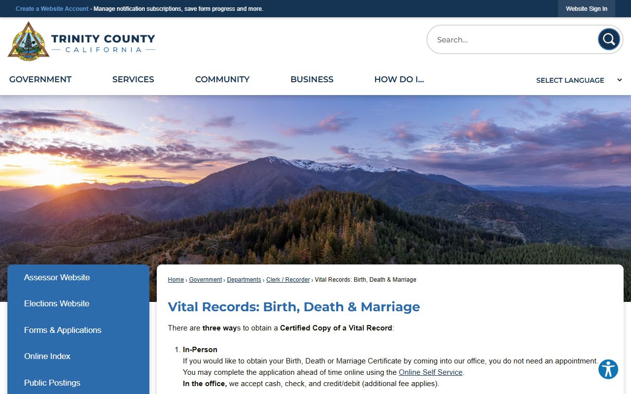 Trinity County vital records page for genealogy