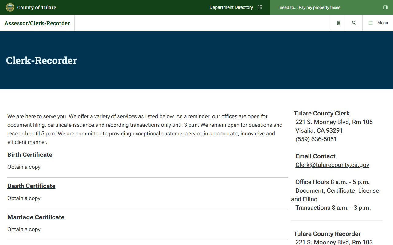 Tulare County Clerk-Recorder page for genealogy