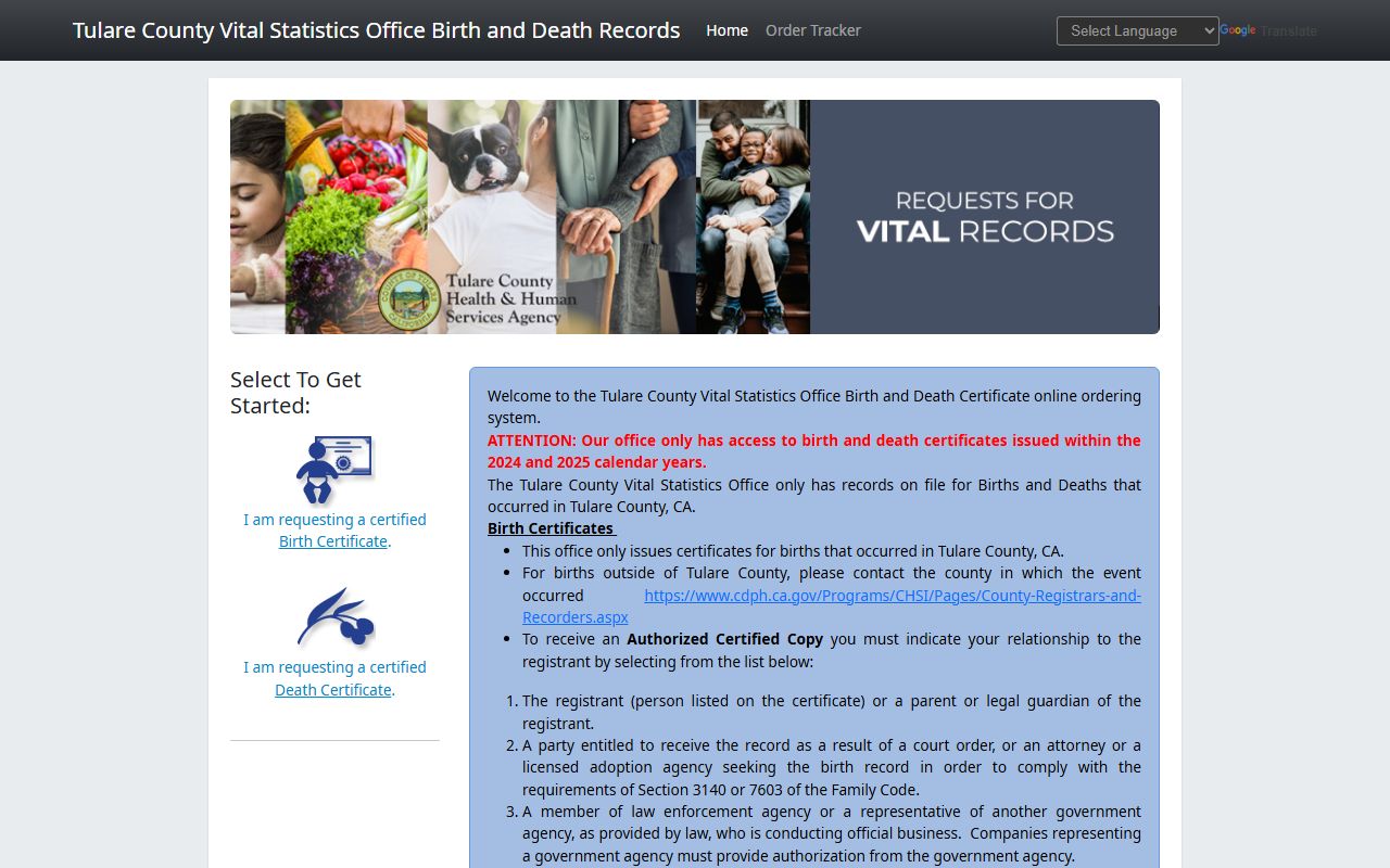 Tulare County online vital records portal