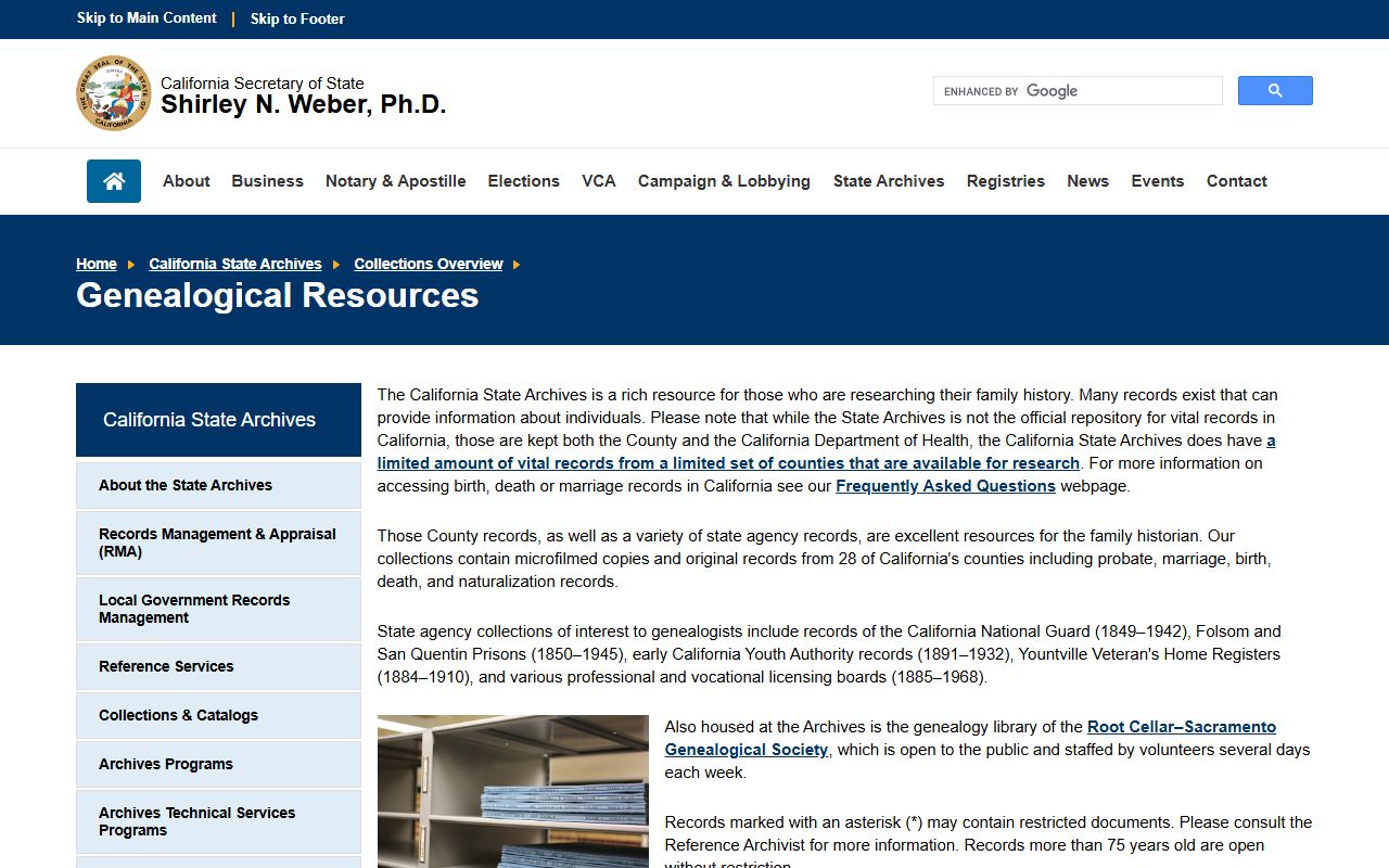 California State Archives family history resources page