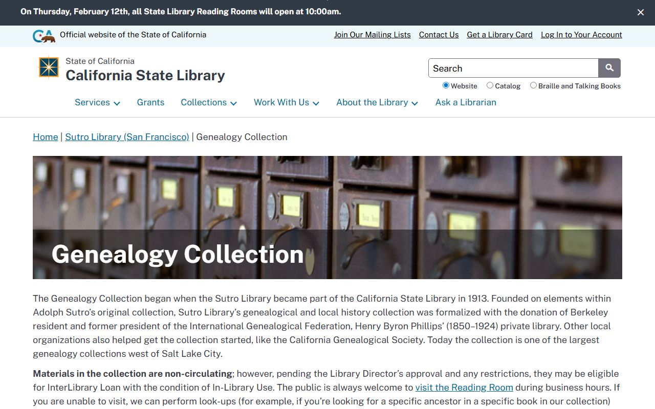 Sutro Library genealogy collection homepage